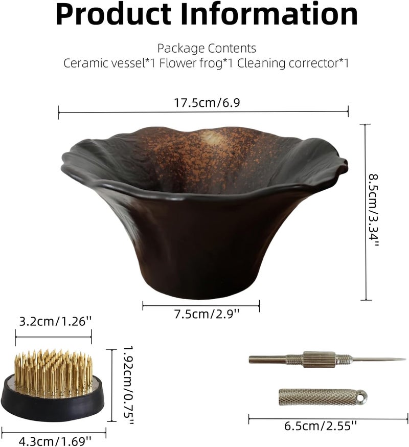 WEOPYCJ Japanese Ceramic Ikebana Kit, Floral Shaped Vase Arranging Supplies, Black Arrangement Bowl with Flower Frog Pin Cleaning Needle (High) - Image 2